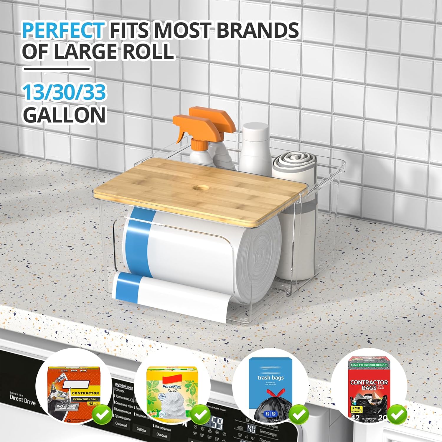 Trash Bag Dispenser Roll Holder - Clear Garbage Bag Holder Dispenser with Bamboo Lid and Sliding