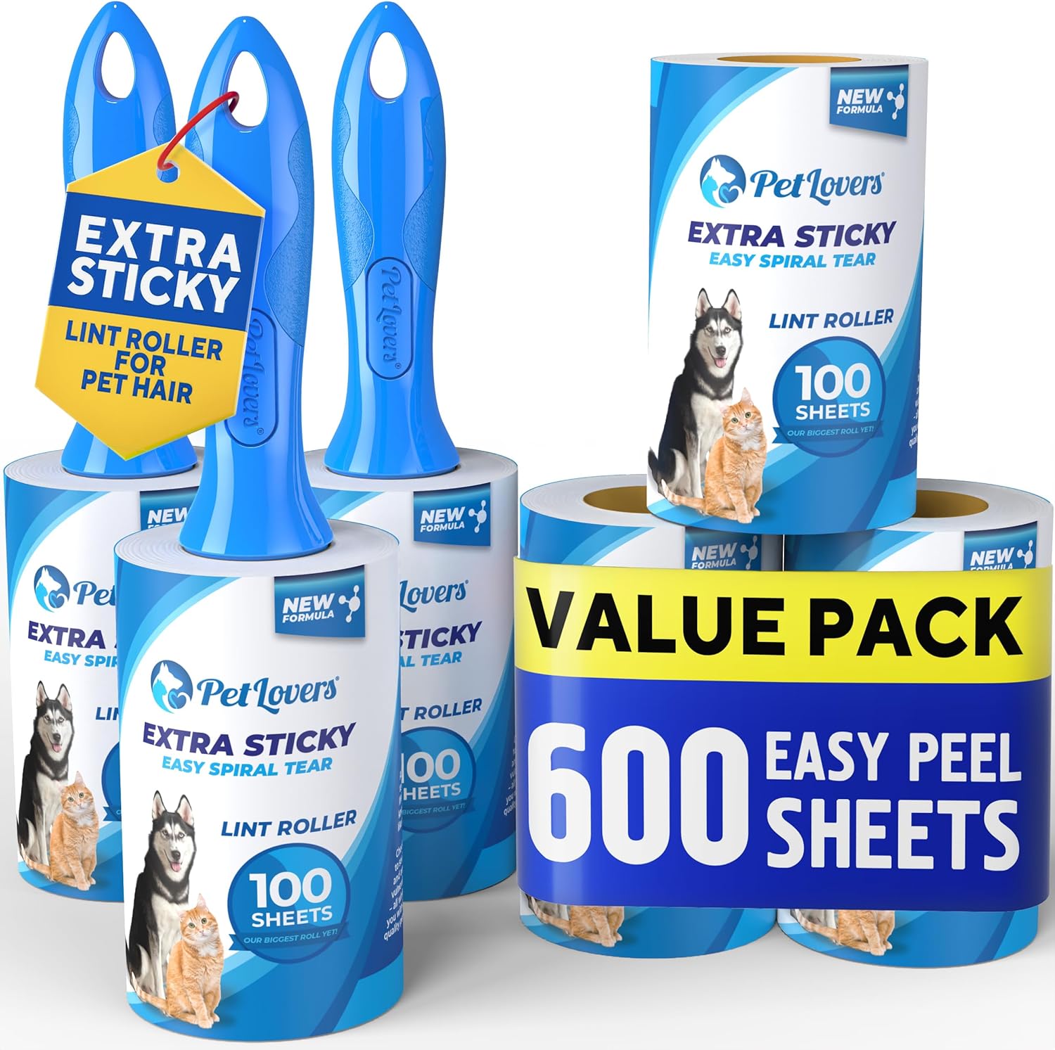PetLovers Extra Sticky Lint Roller Mega Value Set 600 Sheets for Pet Hair Removal, Dog and Cat Lint