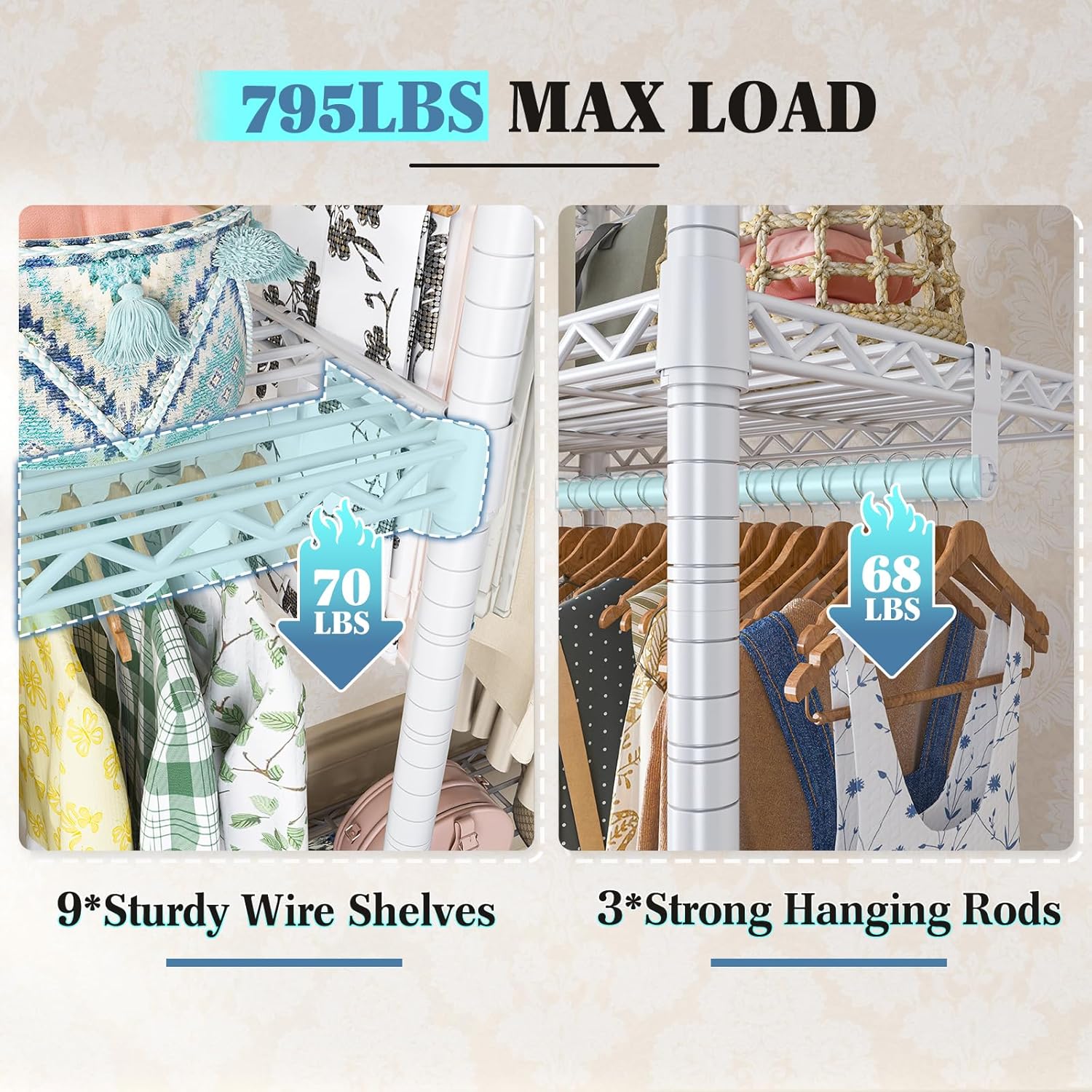 Raybee Clothes Rack Heavy Duty Load 795LBS Adjustable Clothing Racks for Hanging Clothes Garment
