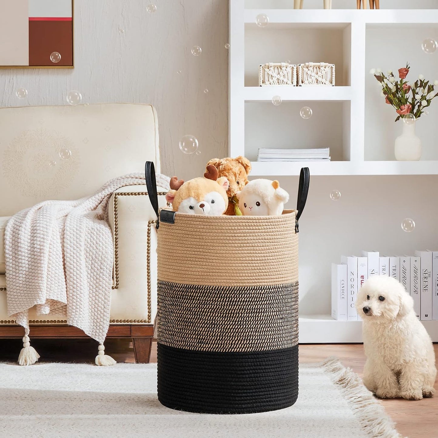 VIPOSCO Tall Laundry Basket, Large Dirty Clothes Hamper with Leather Handle, Woven Rope Storage