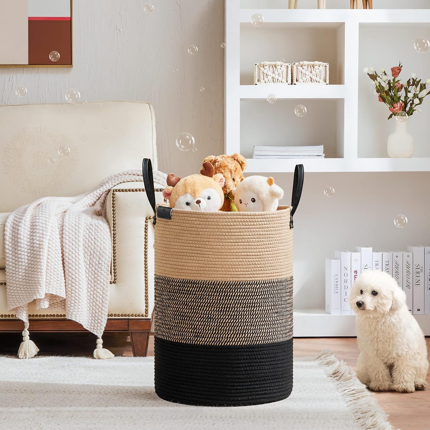 VIPOSCO Tall Laundry Basket, Large Dirty Clothes Hamper with Leather Handle, Woven Rope Storage