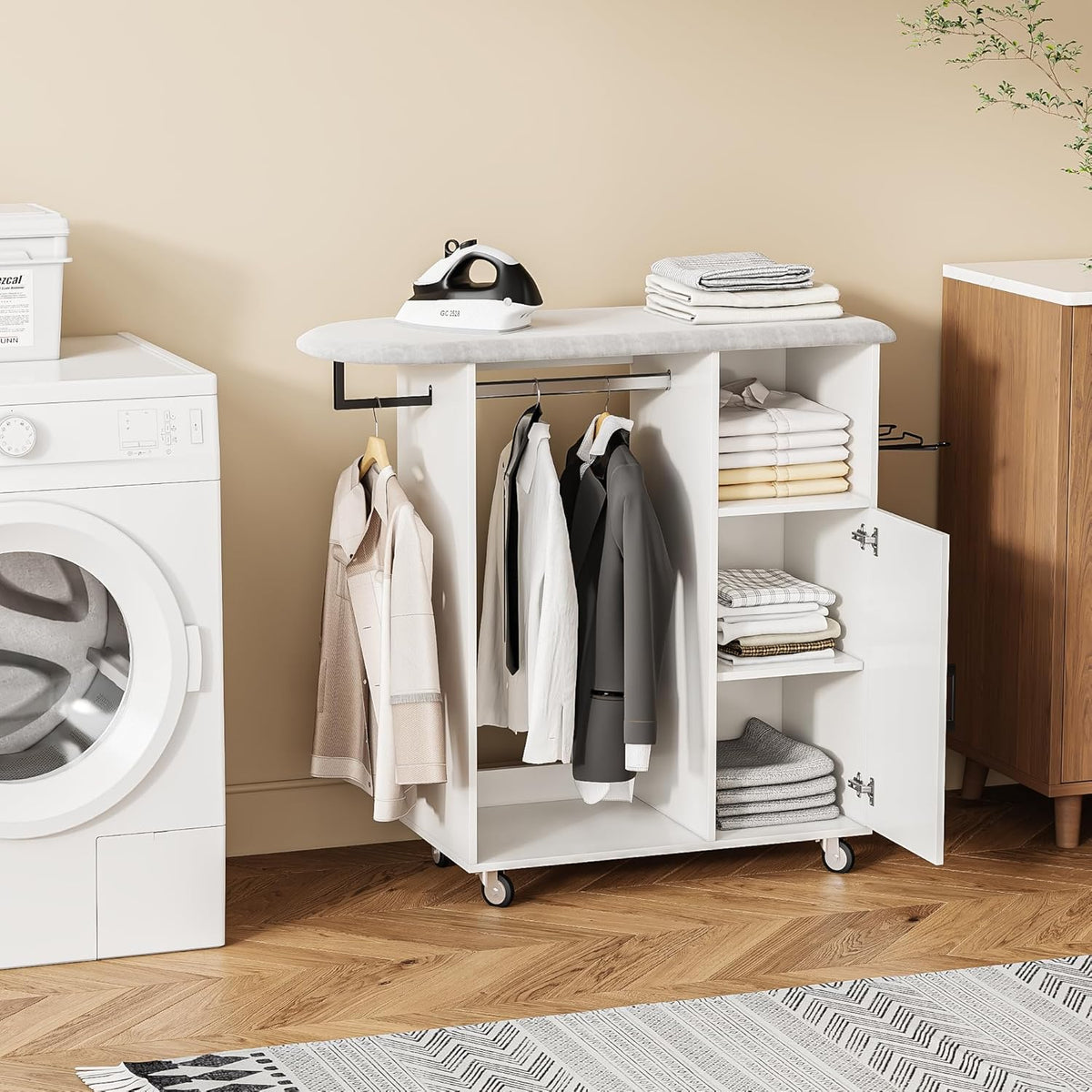 Rolling Ironing Board with Storage Cabinet, Multipurpose Wooden Ironing Cabinet with Wheels