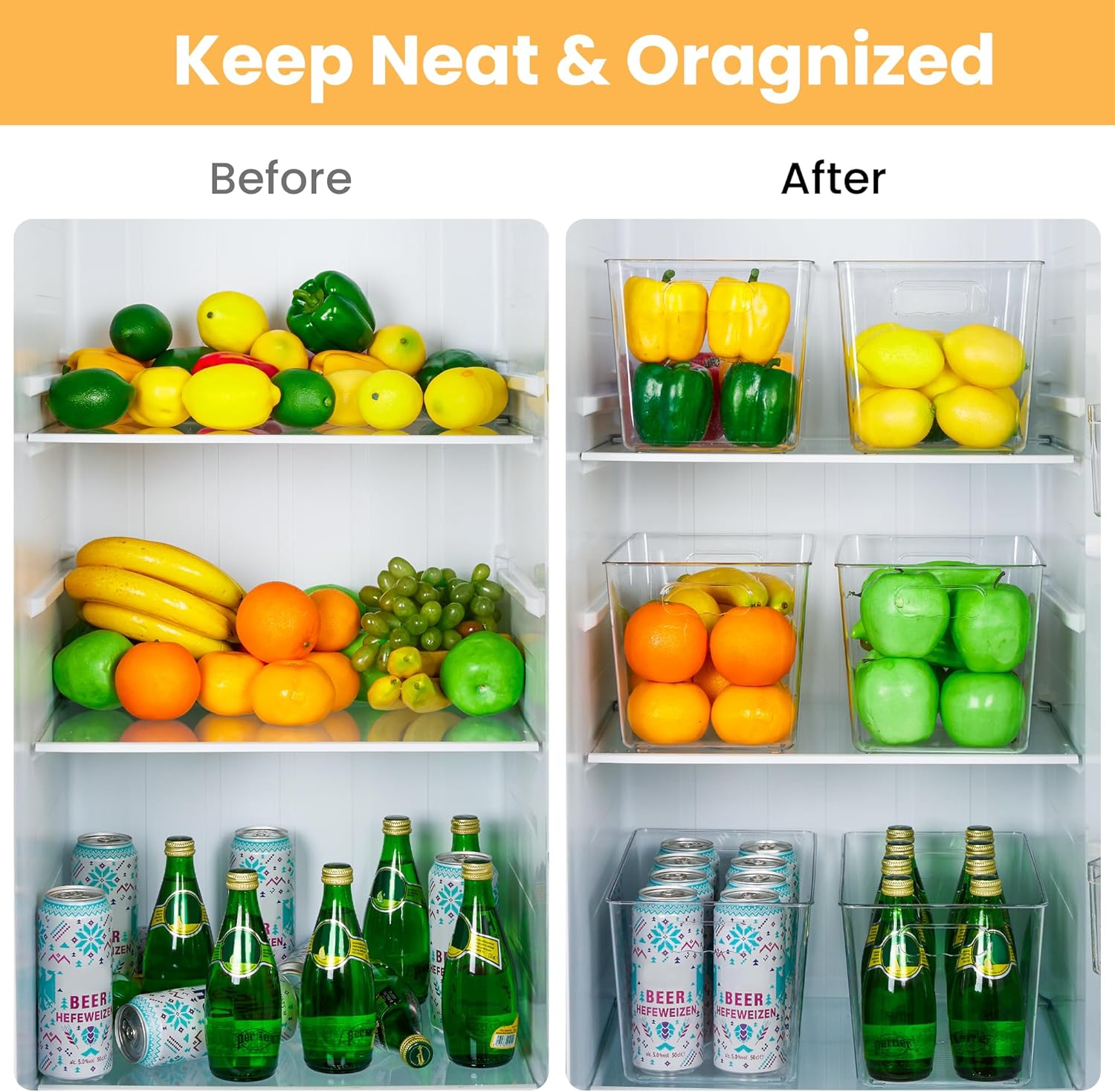 YIHONG Clear Plastic Storage Bins, 8 Pack Pantry Organizer Bins with Handle for Kitchen