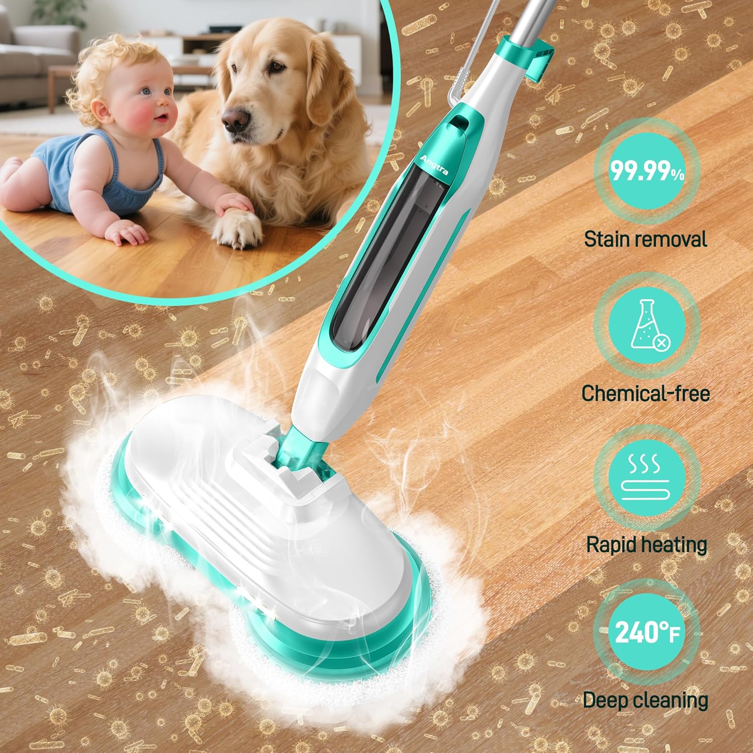 Scrubbing Steam Mop with Rotating Mop Pads, All-in-One Hard Floor Cleaner with LED Headlights