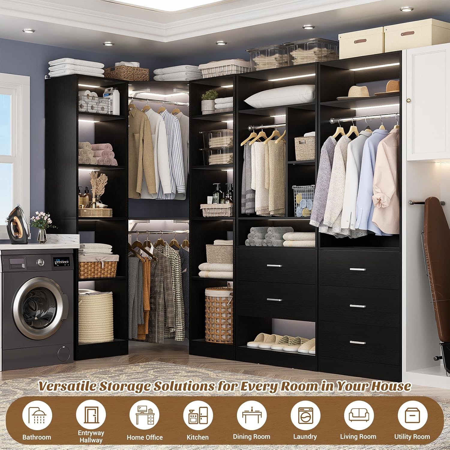 Corner Closet System with 5 Drawers, Closet Organizer System with 15+Shelvess & 4 Hanging Rods