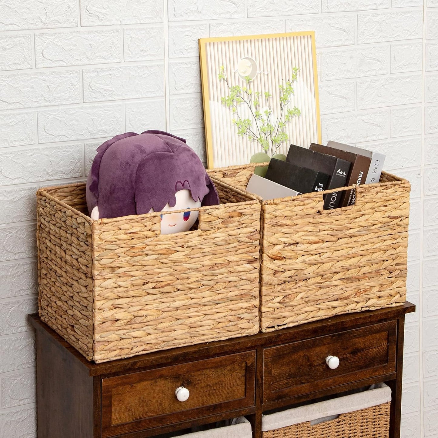 Storage Baskets，Wicker Baskets,Hyacinth Basket For Shelf,Folding 2 Packs Handmade Woven, Seagrass