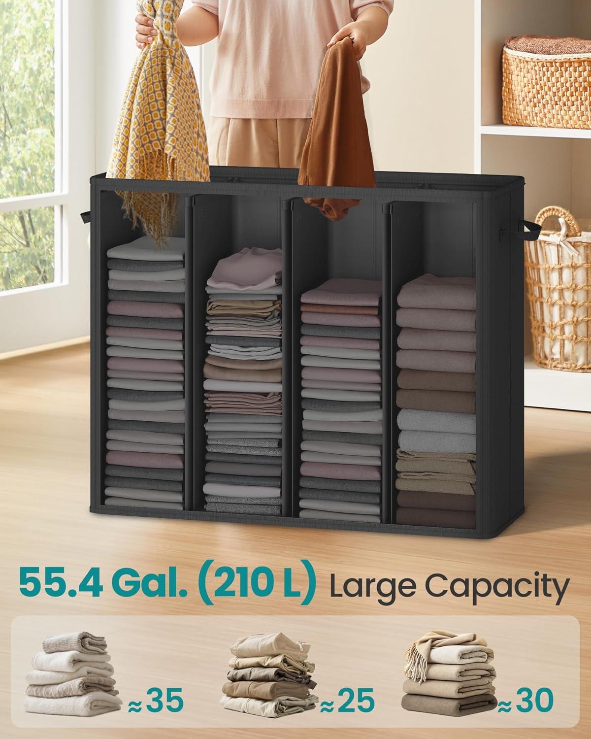 SONGMICS 55.4 Gallon (210 L) Laundry Hamper, 4-Compartment Laundry Basket Sorter with Lid, Labels