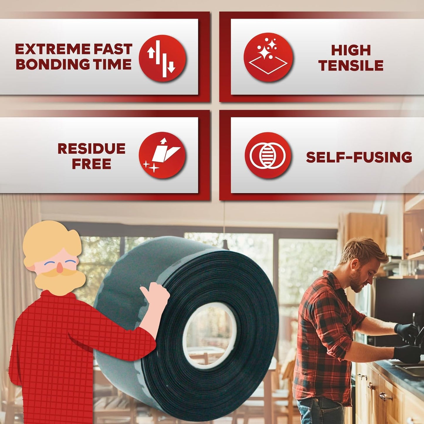 XFasten Self Fusing Silicone Tape Waterproof – 1" x 36 Feet Black, Self Amalgamating Tape, Silicone