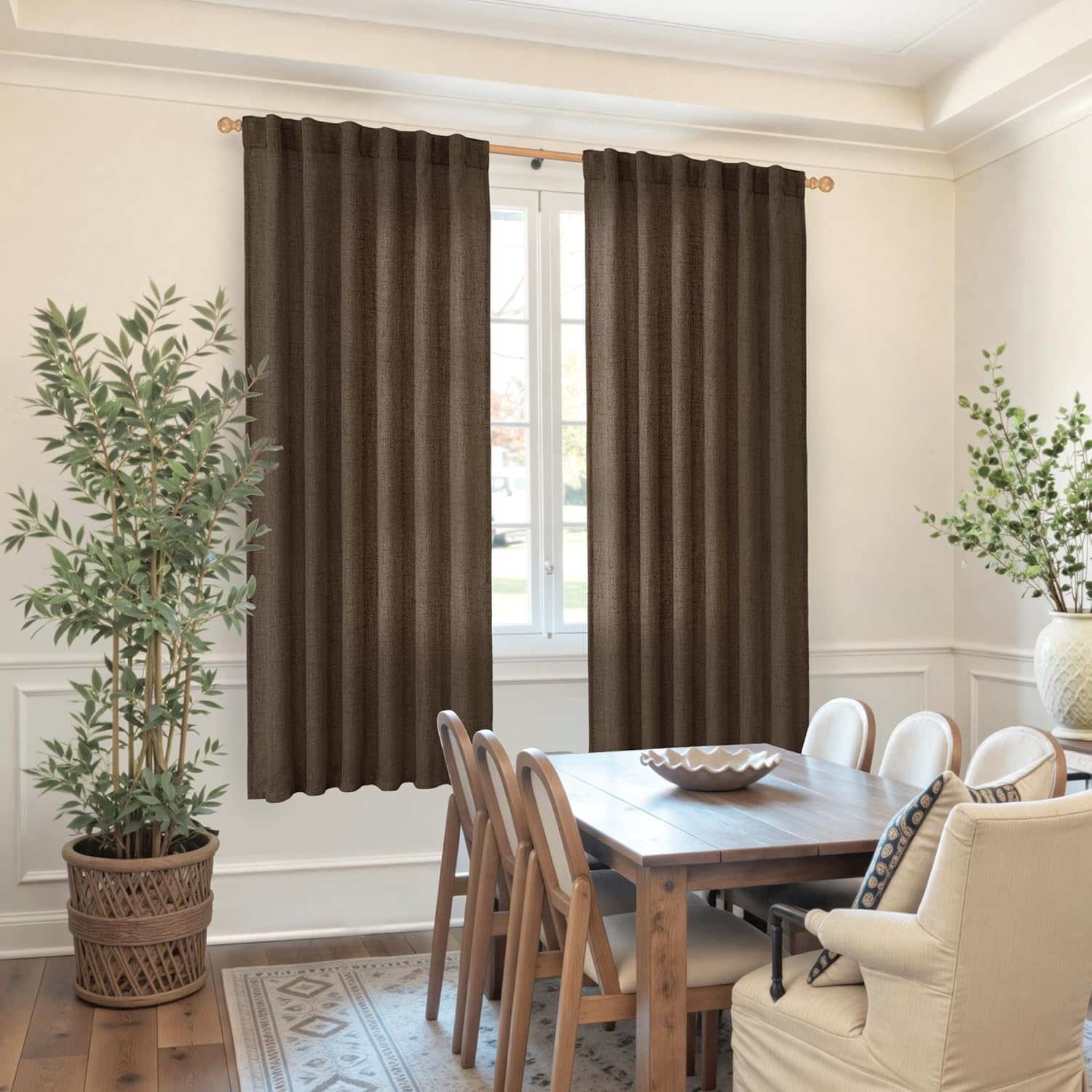 YoungsTex Brown Linen Curtains for Living Room 63 Inches Long, Chocolate Semi Sheer Drapes Textured