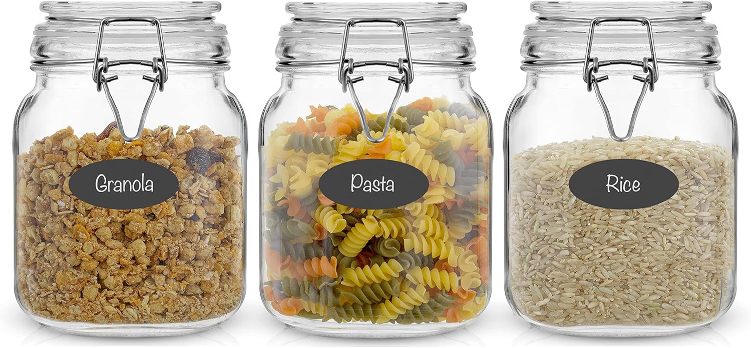 JoyJolt Airtight Glass Jars with Lids Set of 3. 32oz Glass Jar with Lid and 6 Silicone Seals! Med