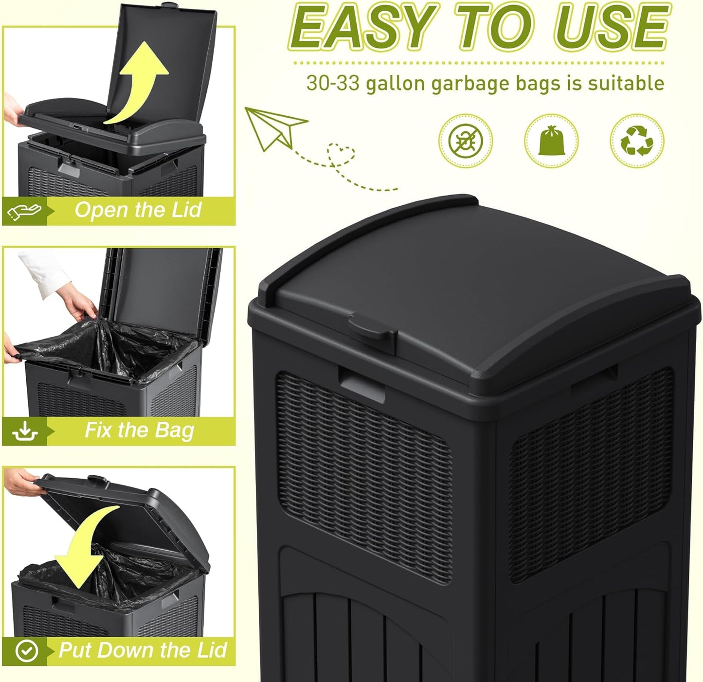 Greesum 33 Gallon Outdoor Trash Can with Lid, Waterproof Resin Garbage Bin for Hideaway, Deck
