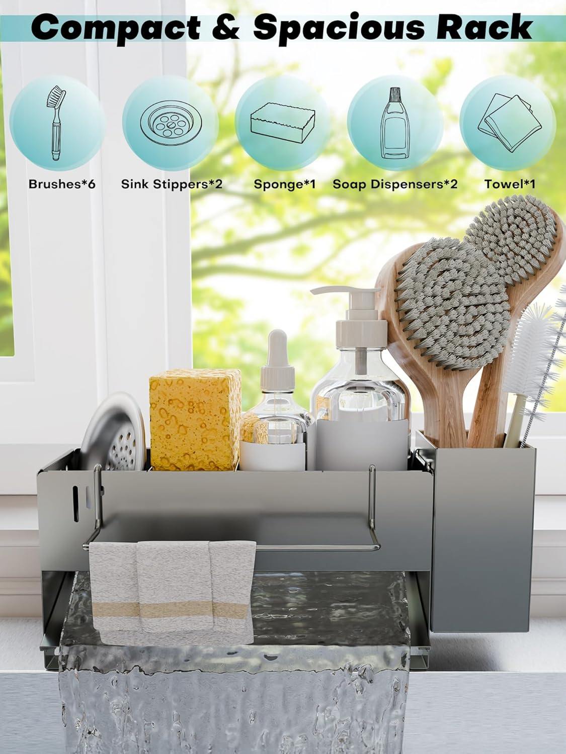 Sponge Holder for Kitchen Sink, Space-Saving Sink Caddy with Brush Holder, Kitchen Countertop