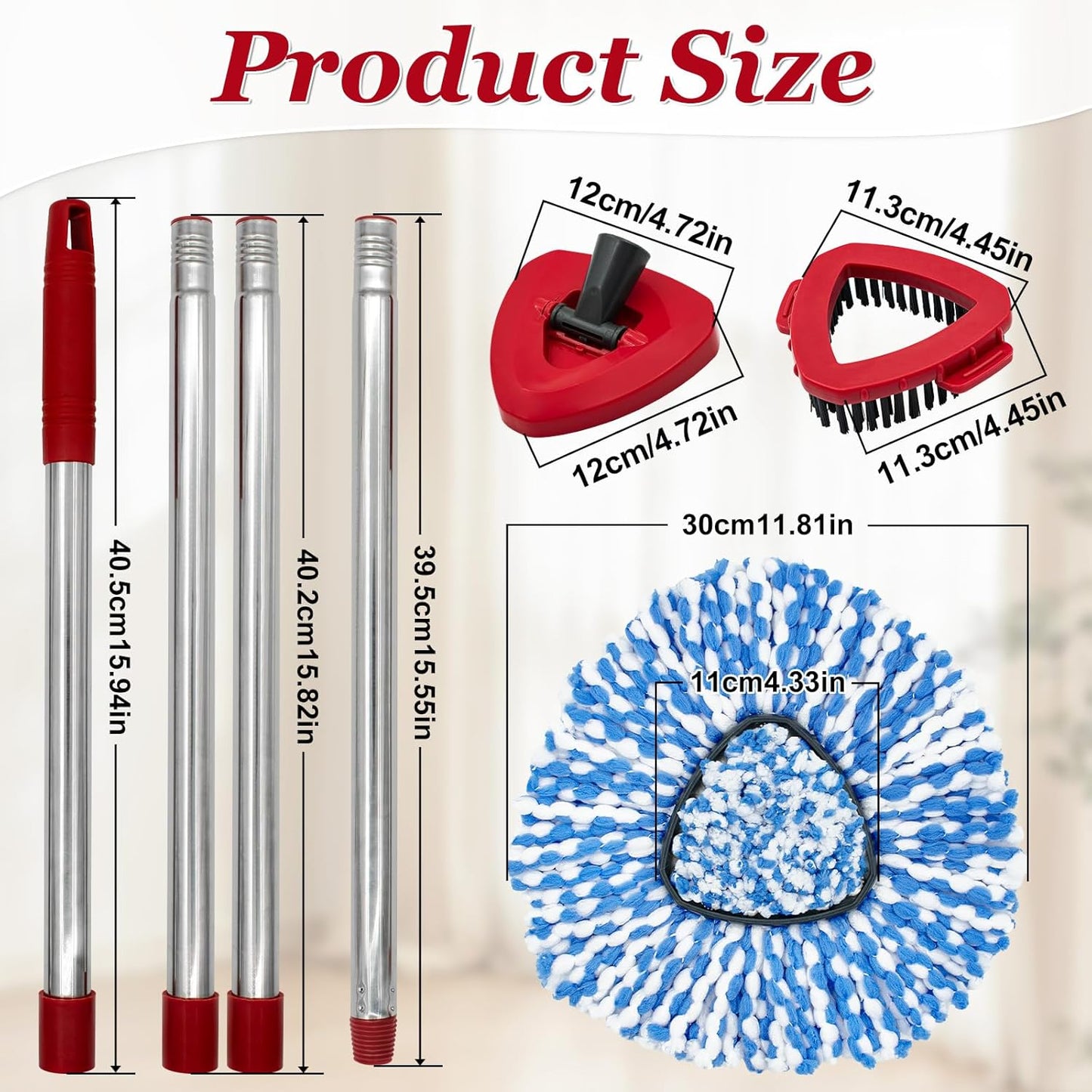 Spin Mop Handle,Mop Heads Replacements,Scrubber Mop Head and Mop Base Combo Set Compatible with