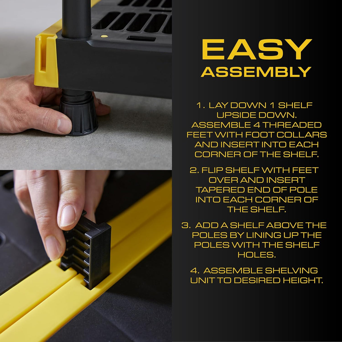 BLACK & YELLOW, 4-Tier Heavy Duty Plastic Storage Shelving Unit, 200lbs/shelf (55"H x 48"W x 20"D)