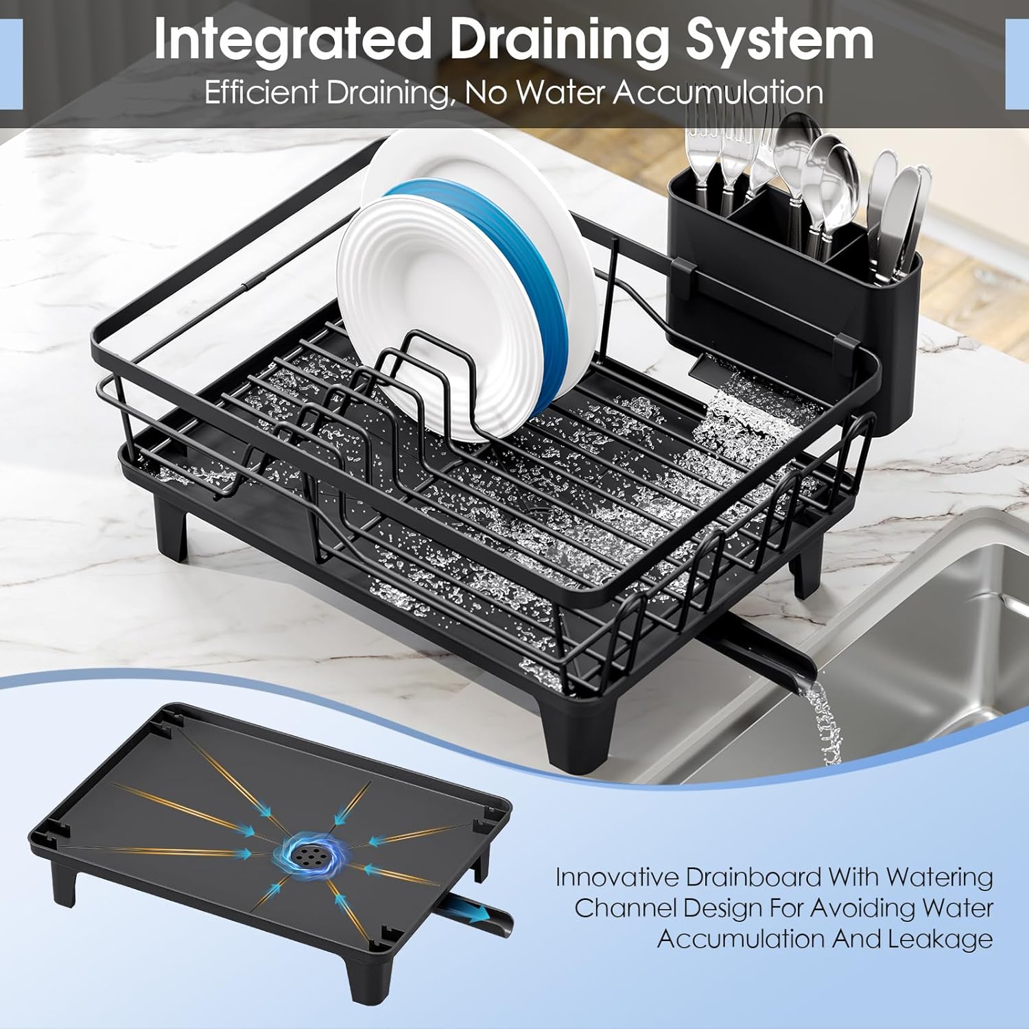 Dish Drainers for Kitchen Counter - Large Capacity Dish Drying Rack with Drainboard, Rustproof &