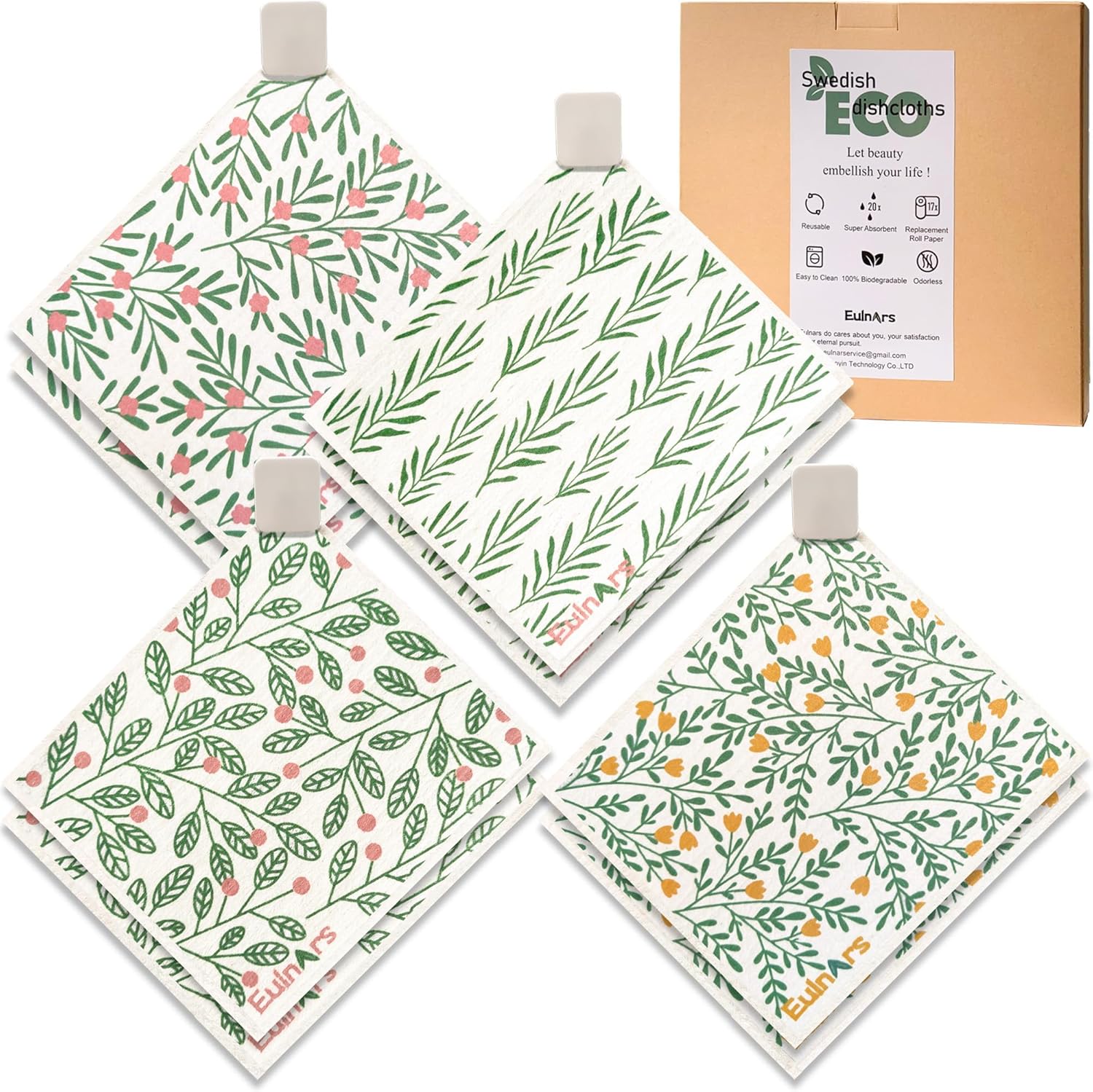 Swedish Dishcloths for Kitchen, 8 Pack Green Reusable Paper Towels with Clips, Non-Scratch Swedish