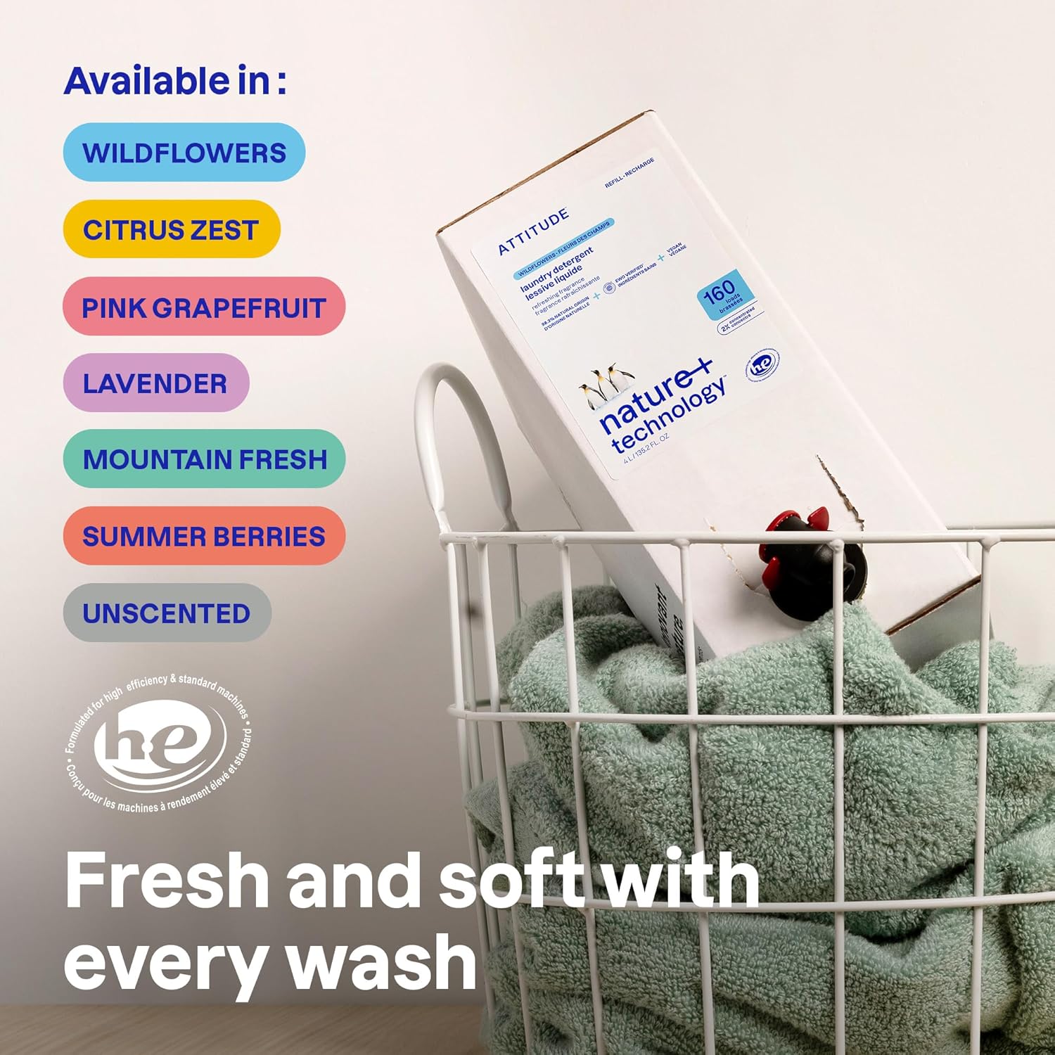 ATTITUDE Liquid Laundry Detergent Refill, EWG Verified, HE Compatible, Plant-Based & Vegan, Natural