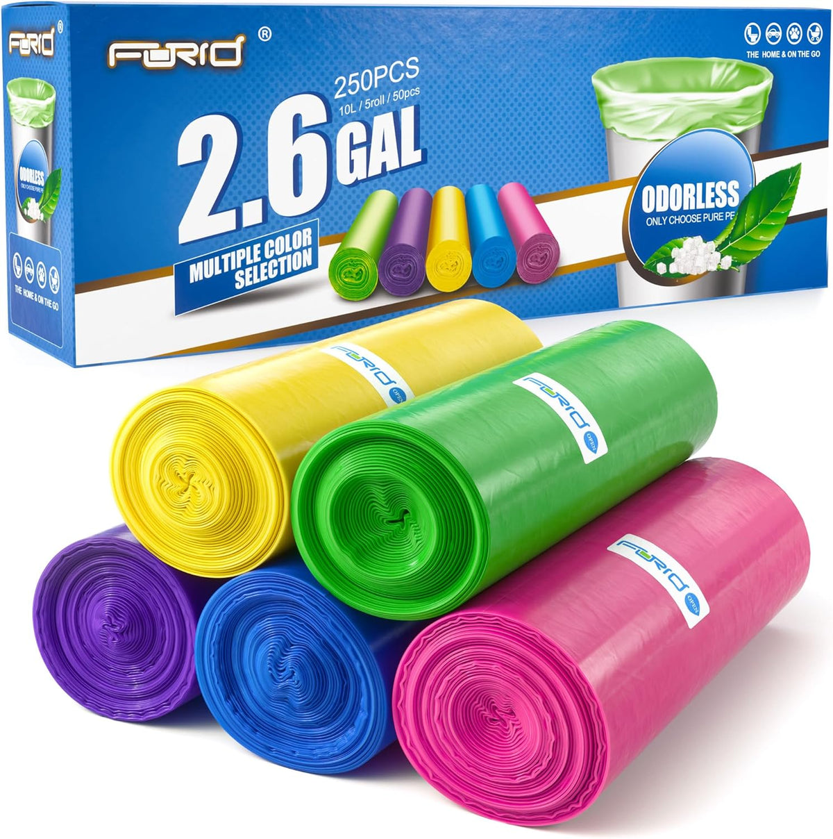 FORID Small Bathroom Trash Bags - 2.6 Gallon Colored Garbage 250 Bags 10 Liter Unscented Waste Can