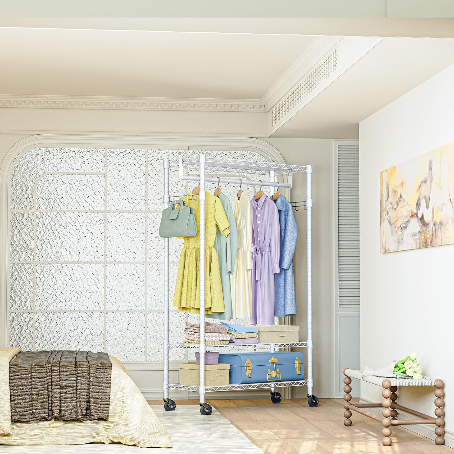 IZEUK Heavy Duty Rolling Garment Rack with 3 Adjustable Wire Shelves, Hanging Rod & Side Hooks