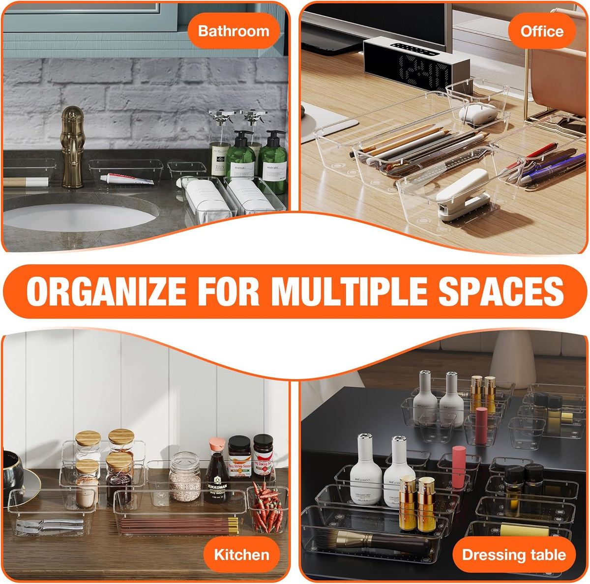 ValueMax 9 PCS Clear Plastic Drawer Organizers Set with Non-Slip Pads, 3 Sizes Desk Drawer