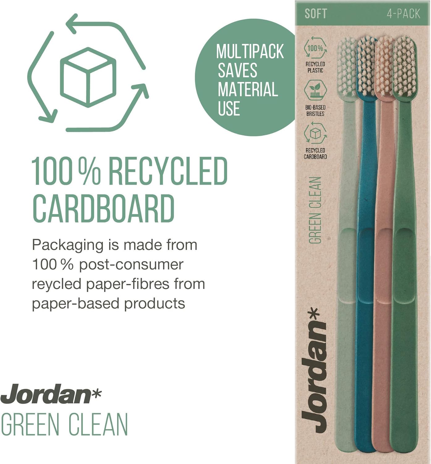 Jordan Green Clean Manual Toothbrush - Sustainable, Scandinavian Design, Soft Bristles, Mixed