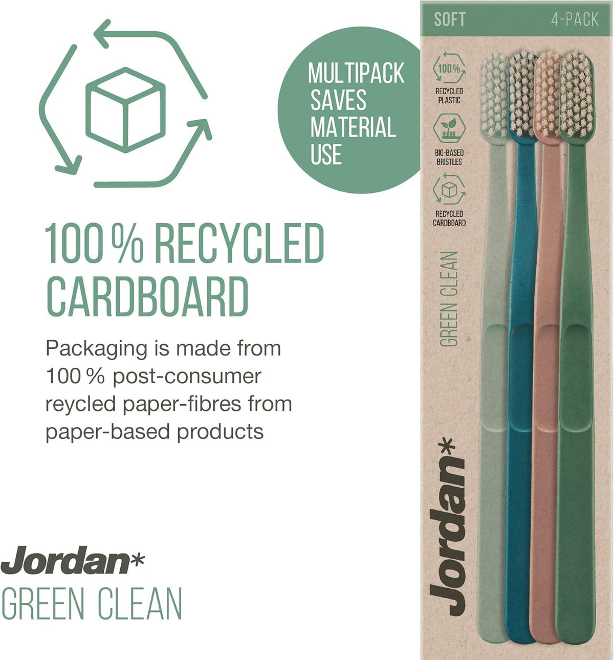 Jordan Green Clean Manual Toothbrush - Sustainable, Scandinavian Design, Soft Bristles, Mixed