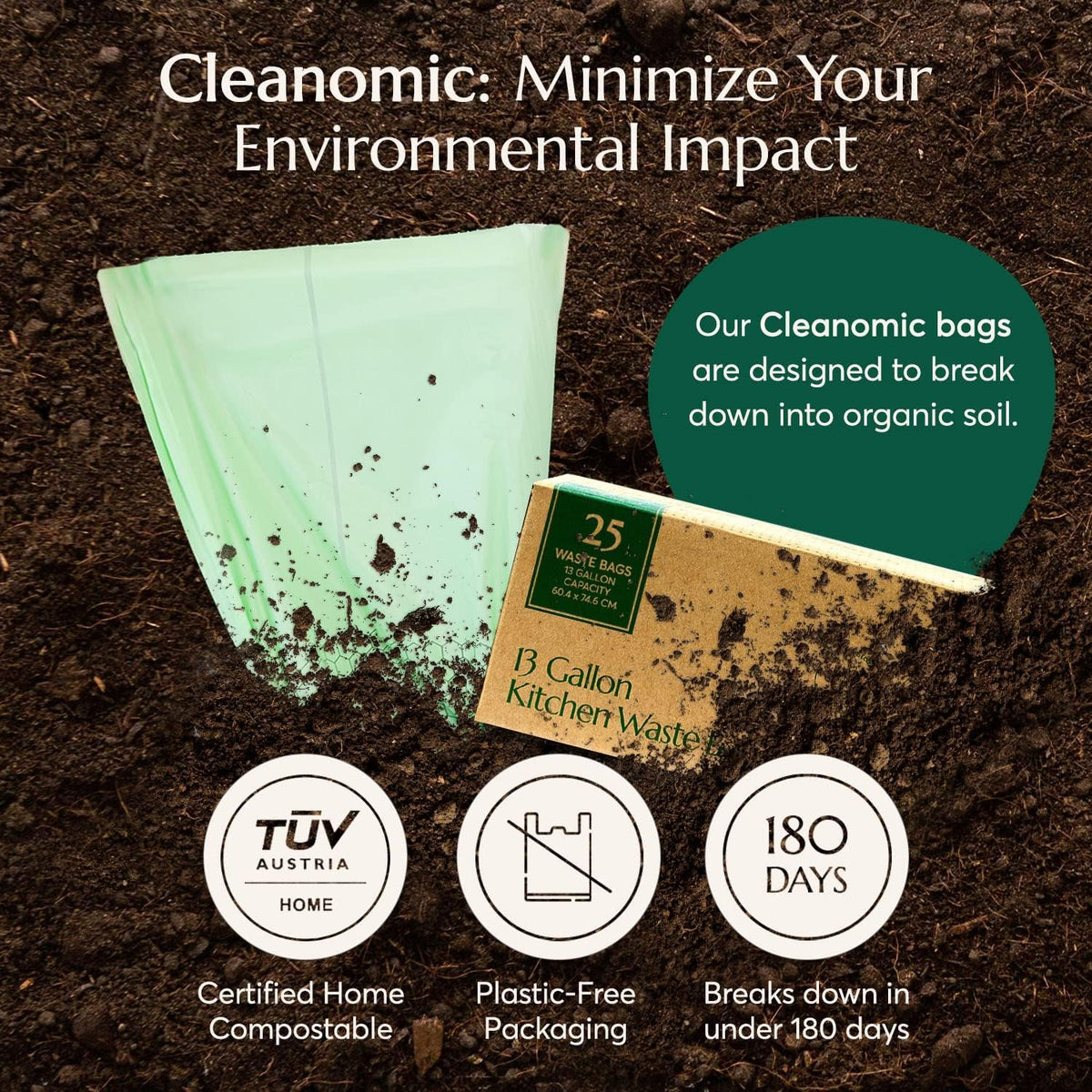 Cleanomic Compostable* Trash Bags with Drawstring (13 Gallon, 25 Units, Tall), BPI Certified For