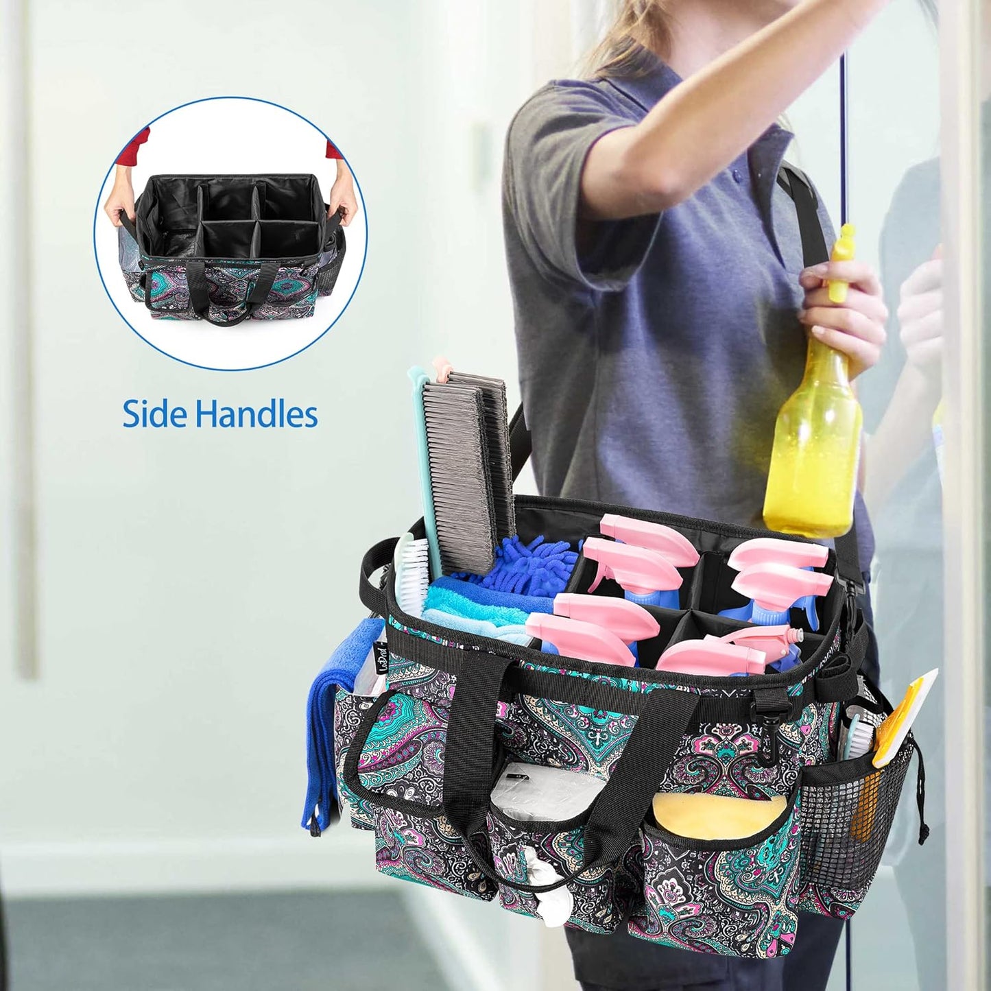 LoDrid Large Wearable Cleaning Caddy Bag with Detachable Divider, Cleaning Supply Tote Organizer