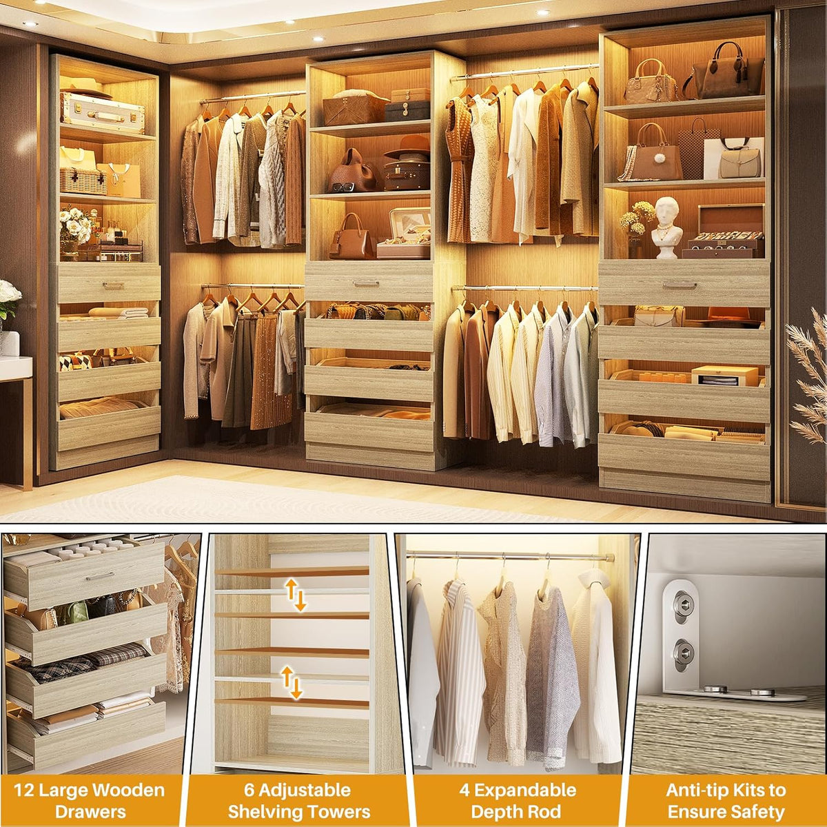 Aheaplus Closet System with 12 Drawers, 8.5-11.5Ft Wood Closet Organizer System with 4 Hanging Rods