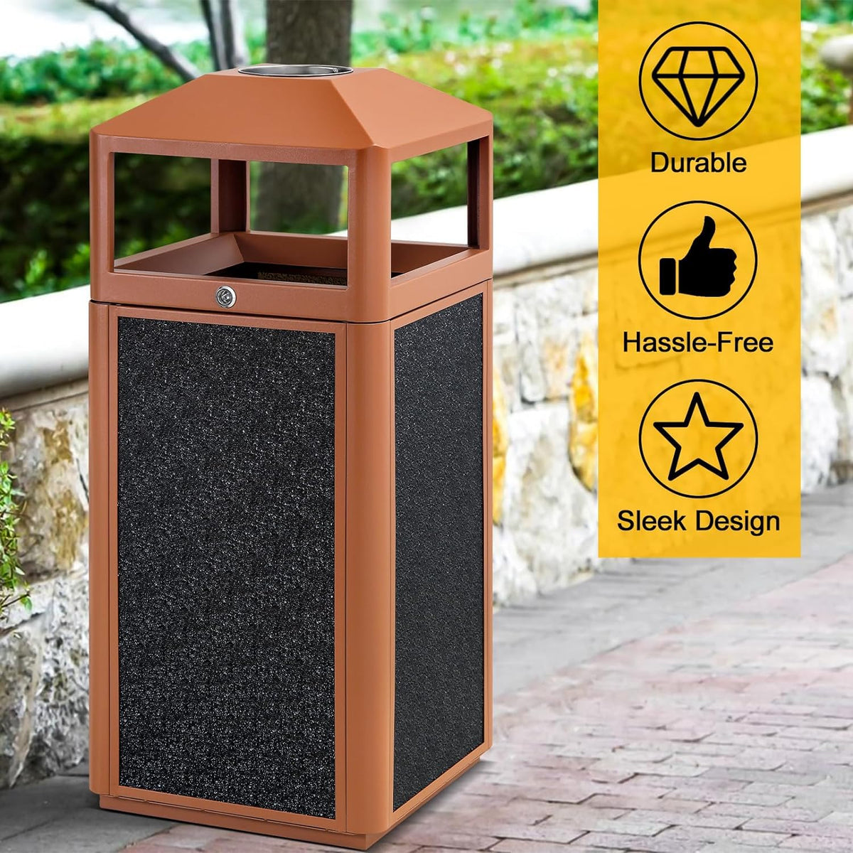 Square Waste Container with Dome Lid | Commercial Outdoor Garbage and Trash Container, Brown 15