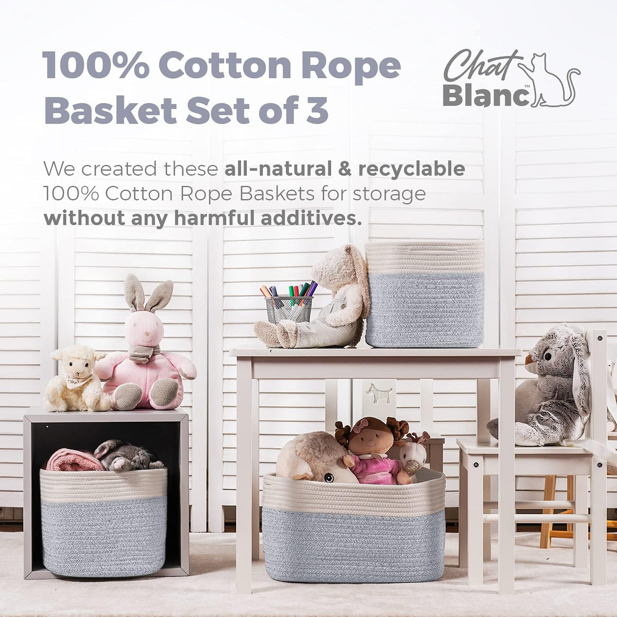 CHAT BLANC Cotton Rope Baskets for Organizing | Storage Baskets for Shelves | Rope Basket for