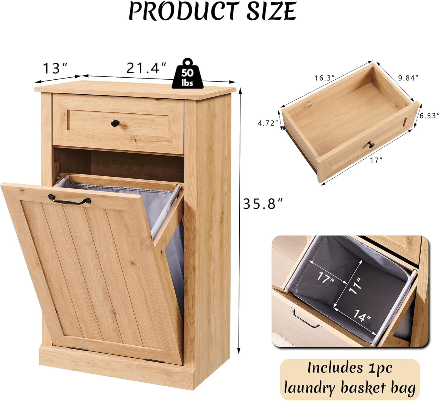 Tilt Out Laundry Hamper Cabinet, 10 Gallon Farmhouse Trash Can Cabinet with Drawer, Hidden Wood