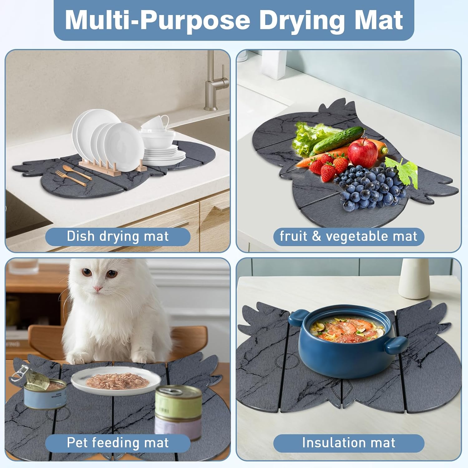 Large Stone Dish Drying Mat for Kitchen Counter,24"(L)×16"(W) Quick Dry Absorbent Diatomaceous