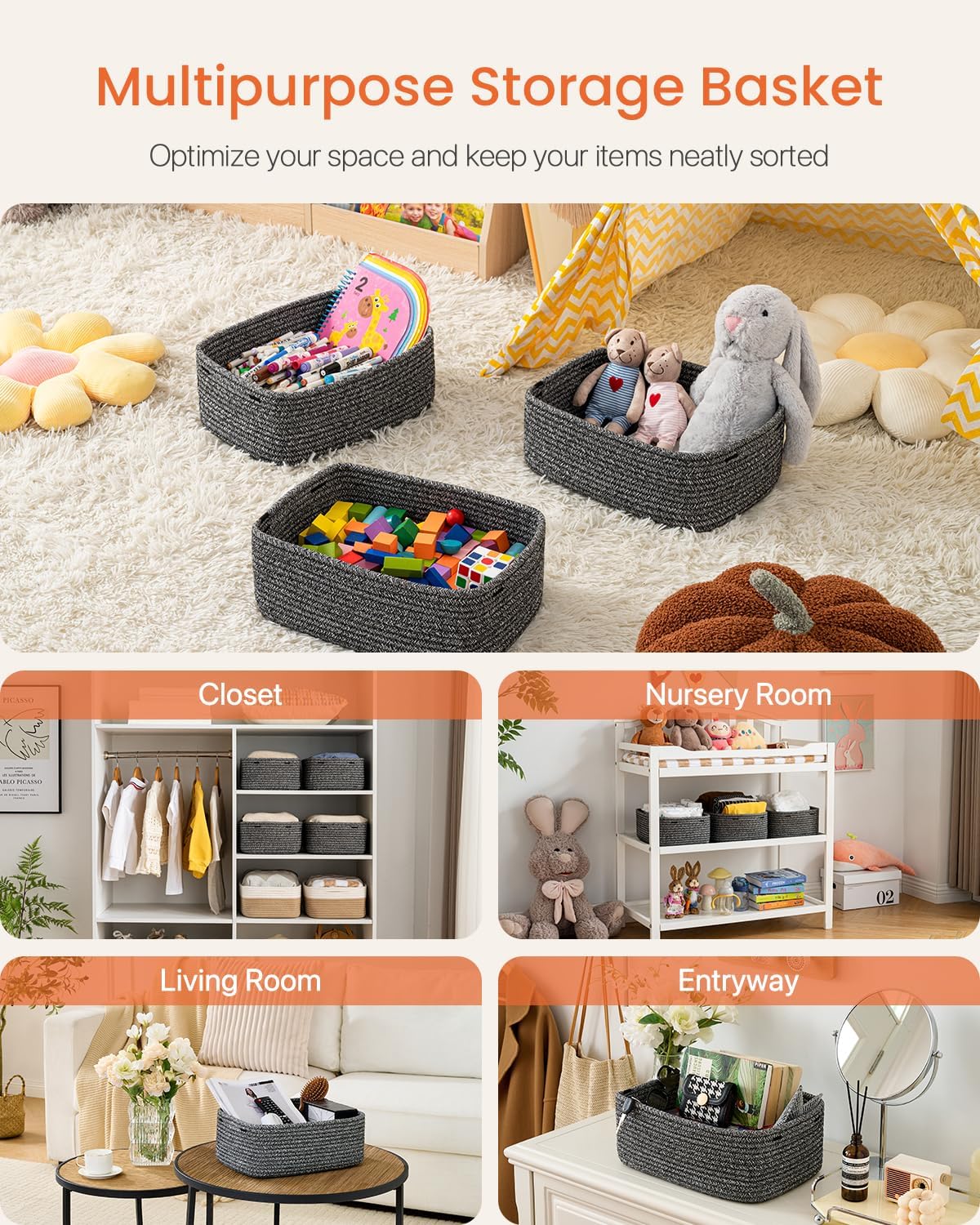 Small Woven Basket, 13.5 x 9.5 x 5 Inches, Storage Basket for Organizing, Cute Small Rope Shelf