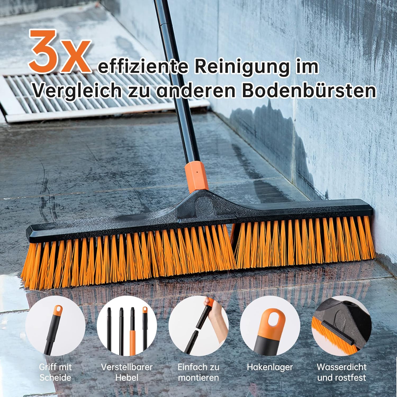 24”Push Broom Brush for Floor Cleaning with 65” Long Handle and Stiff Bristles, Heavy Duty Brush