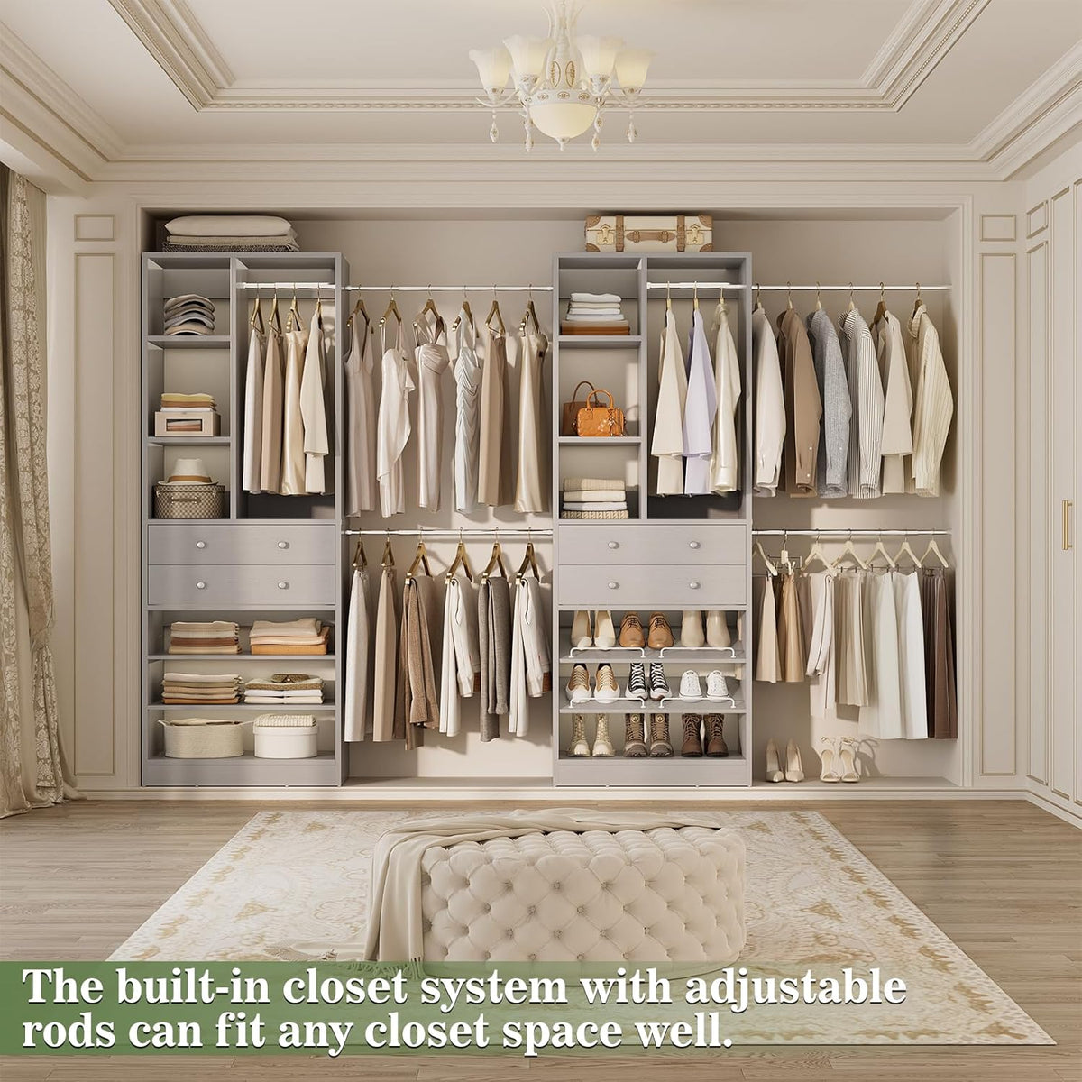Closet System, Up to 134"/11.2 FT Closet Organizer with 4 Wooden Drawers and Shelves, Walk-in