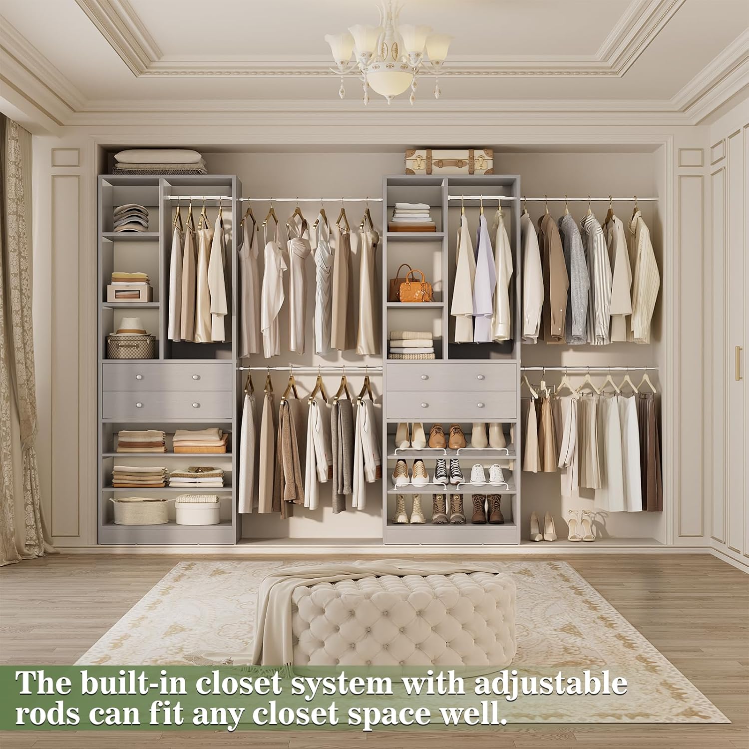Closet System, Up to 134"/11.2 FT Closet Organizer with 4 Wooden Drawers and Shelves, Walk-in