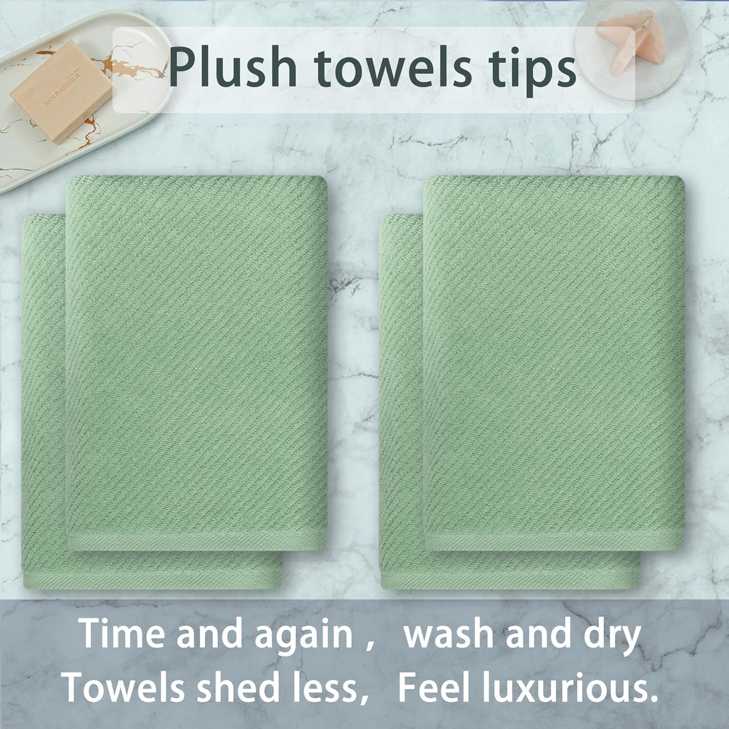 VOOVA & MOVAS Green Bath Towels (4PC, 30"x56") - 100% Cotton | Quick Dry | Light Weight | Thick |