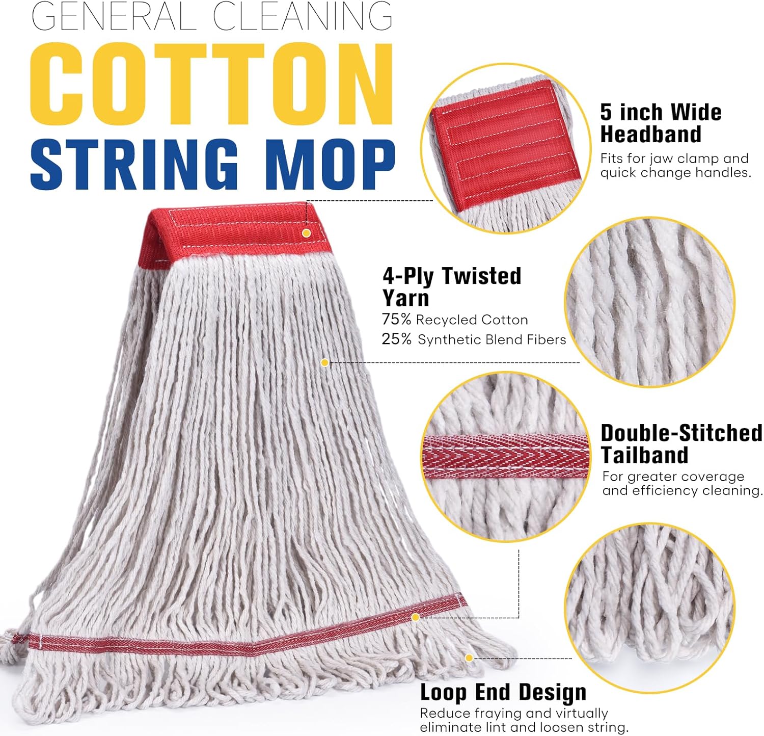Matthew Cleaning Commercial Mop Head Replacement, 5 Inch Wide Headband, Looped End Cotton Blend