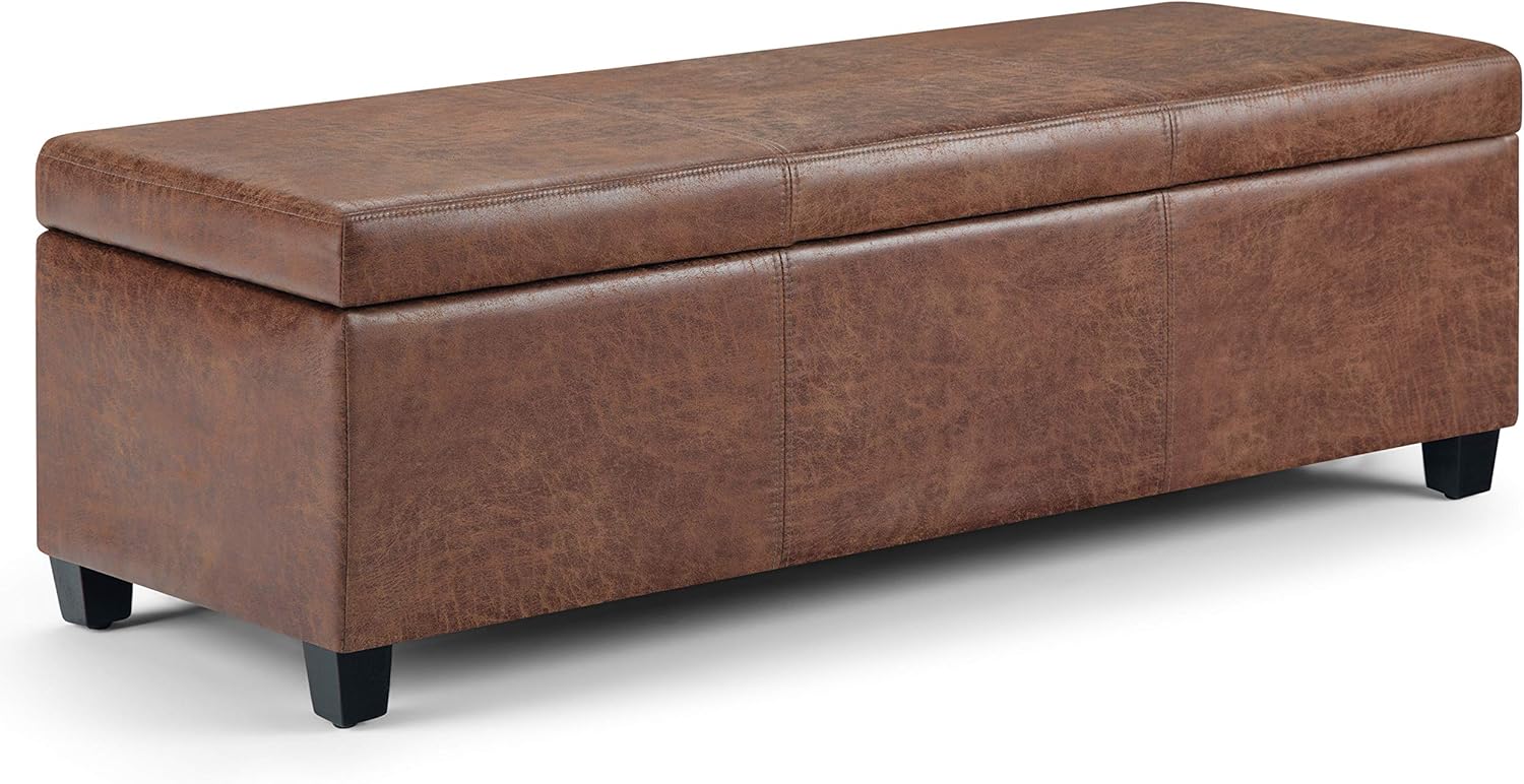 SIMPLIHOME Avalon 48 inch Wide Contemporary Rectangle Storage Ottoman Bench in Distressed Umber