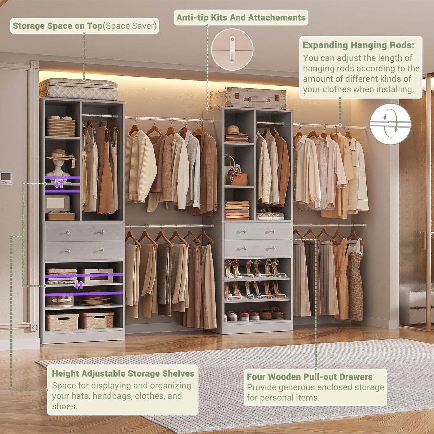 Closet System, Up to 134"/11.2 FT Closet Organizer with 4 Wooden Drawers and Shelves, Walk-in