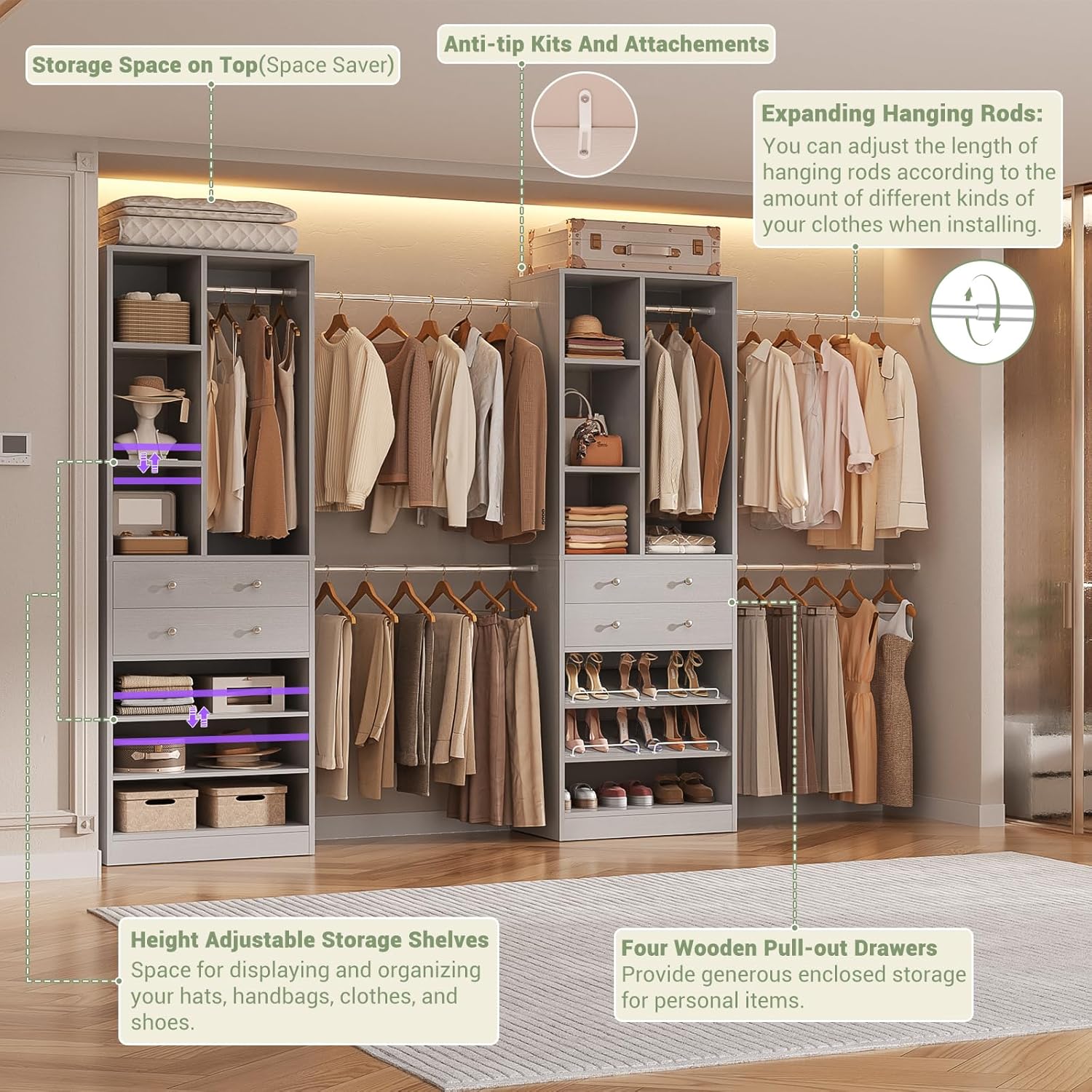 Closet System, Up to 134"/11.2 FT Closet Organizer with 4 Wooden Drawers and Shelves, Walk-in