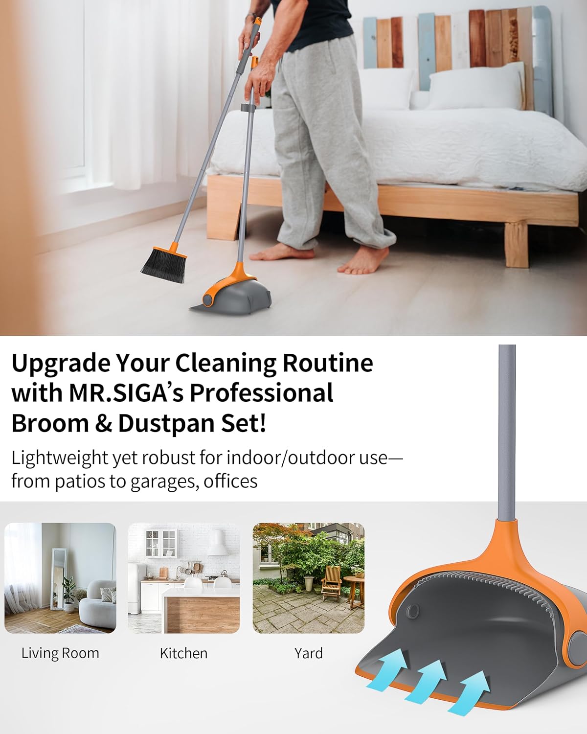 MR.SIGA Broom and Dustpan Set with Long Handle, Stand Upright Broom with Dustpan Combo for Cleaning