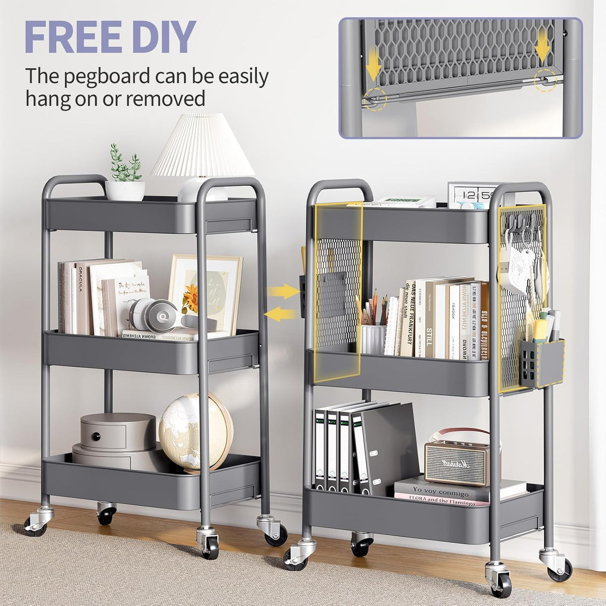 TOOLF 3 Tier Rolling Cart Storage Organizer, Metal Rolling Utility Cart with Wheels, Hooks & Bins