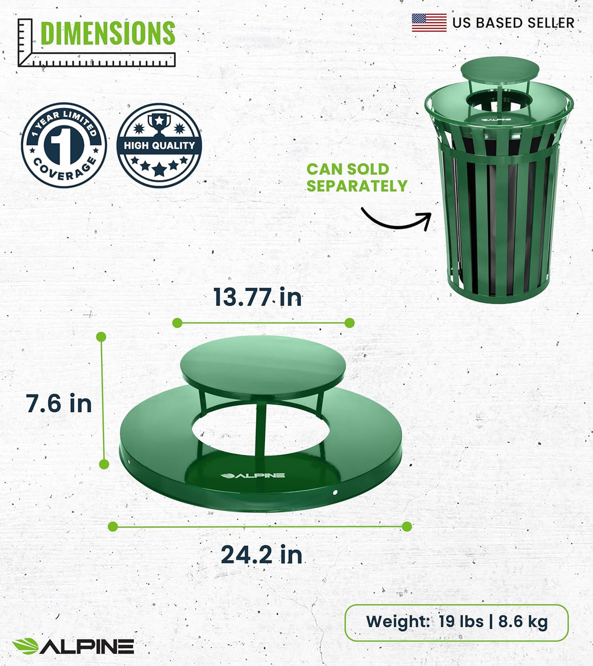 Alpine Industries Outdoor Metal Waste Receptacle Rain Bonnet Lid - Heavy Duty Trash Can