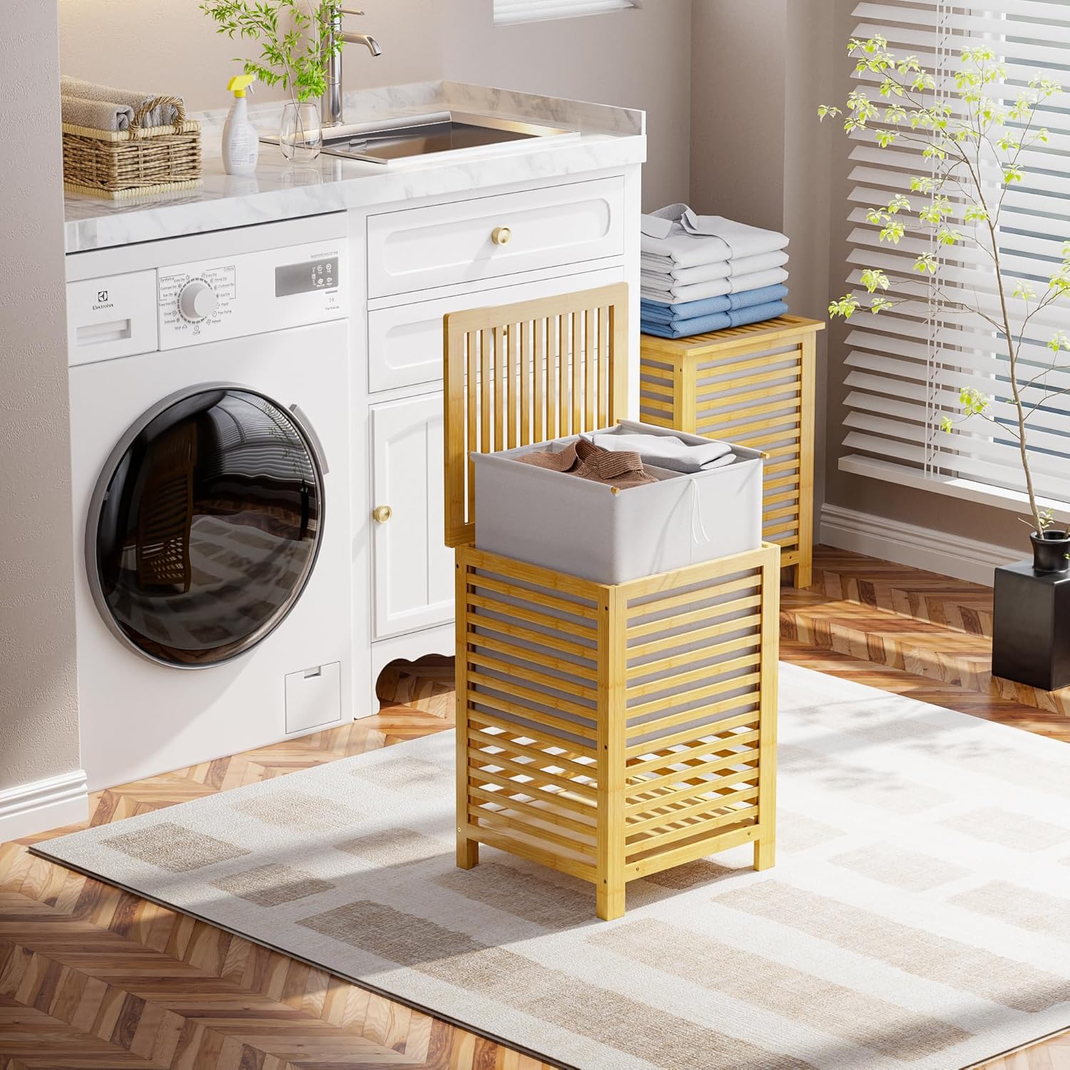SMIBUY Double Laundry Hamper with Lid, 120L Bamboo Laundry Basket with Removable Liner Bag