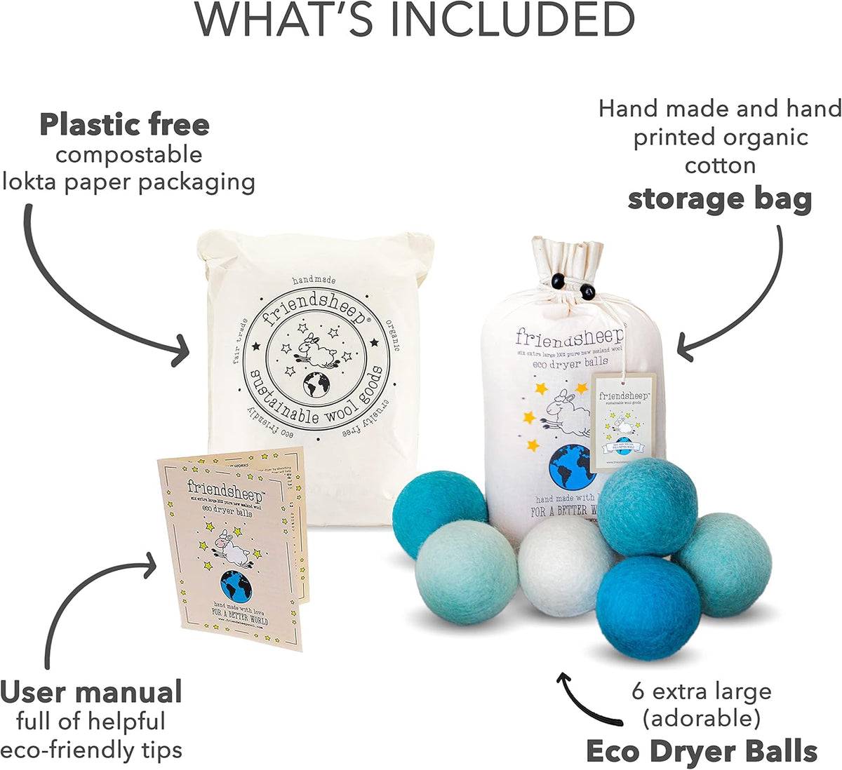 Friendsheep Wool Dryer Balls, Organic Reusable Fabric Softener Alternative for Laundry, Handmade