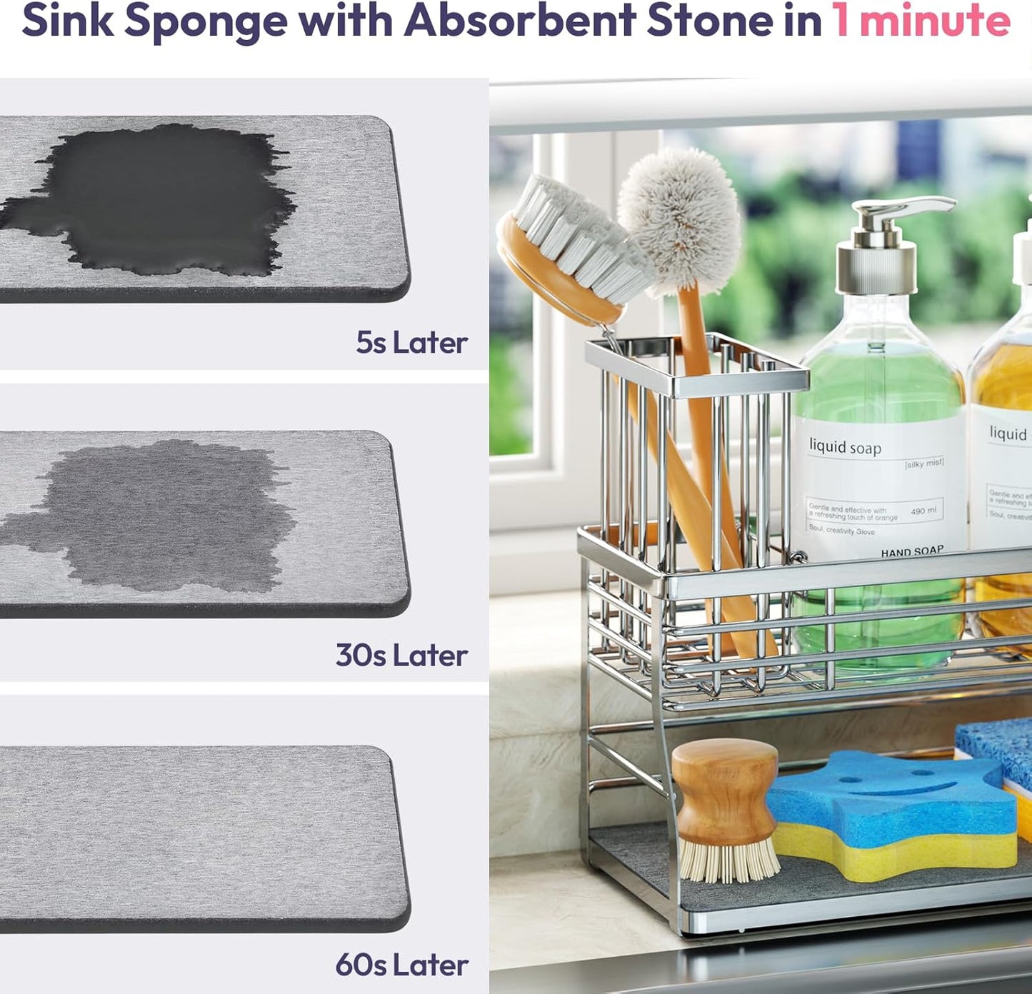 SWTYMIKI Kitchen Sink Caddy Organizer, 2 Tier Sponge Holder for Kitchen Sink with Instant Drying