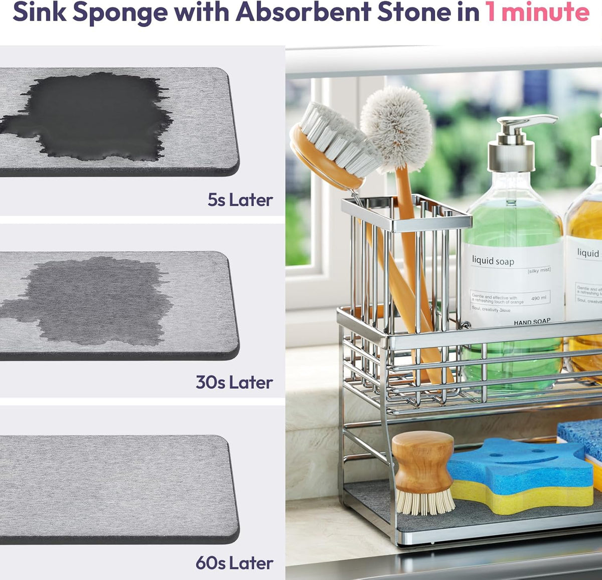 SWTYMIKI Kitchen Sink Caddy Organizer, 2 Tier Sponge Holder for Kitchen Sink with Instant Drying