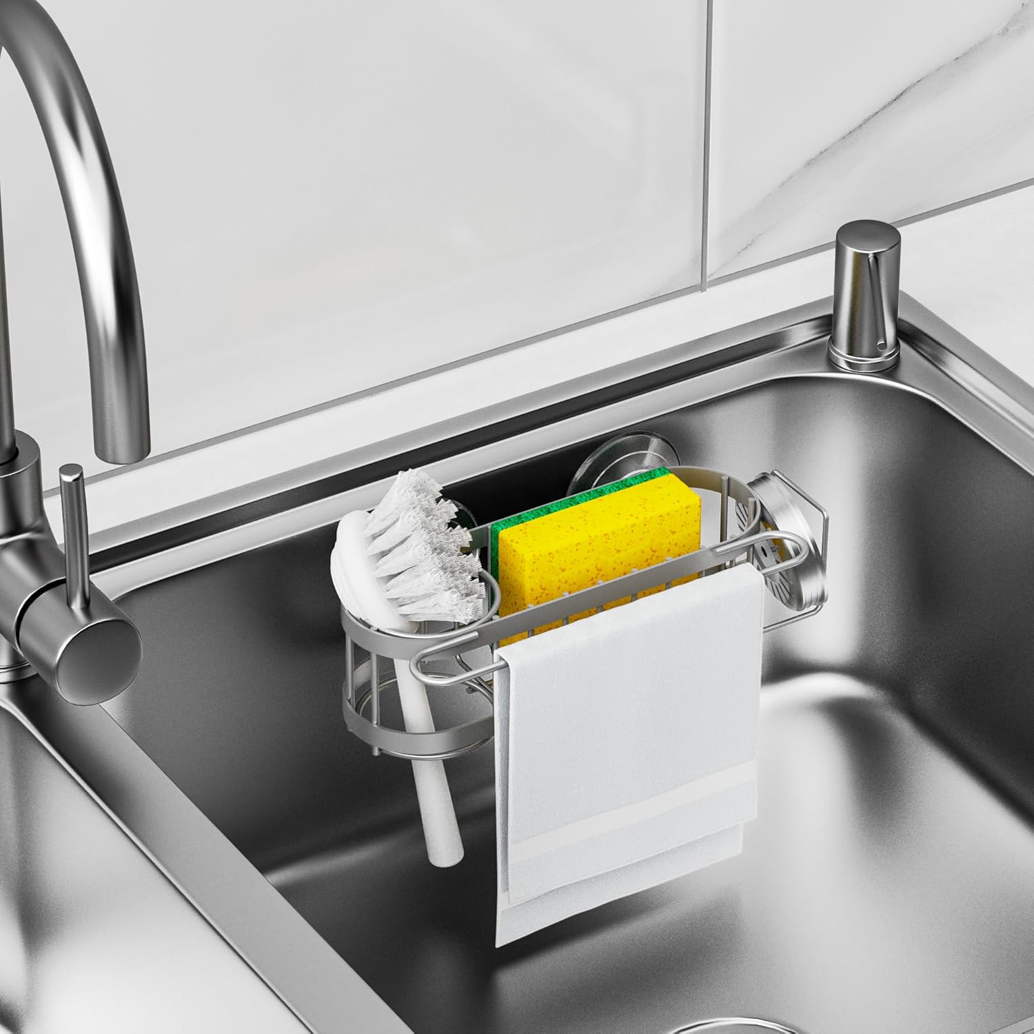 Cisily Grey Kitchen Sink Caddy Sponge Holder in the Sink, Stainless Steel Kitchen Organizer, Brush